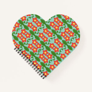 Custom Red Folk Art Flower & Leaf Pattern Notebook
