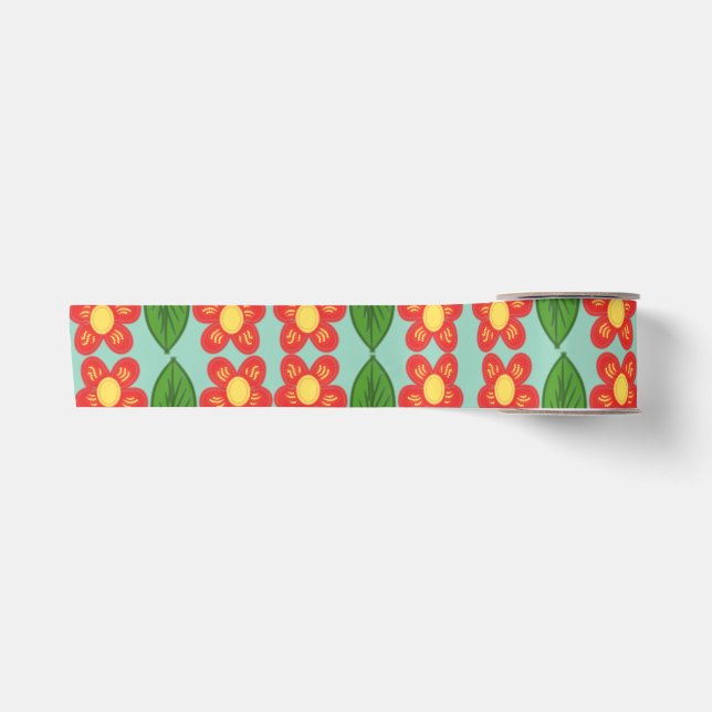 Custom Red Folk Art Flower & Leaf Pattern Satin Ribbon (Front)