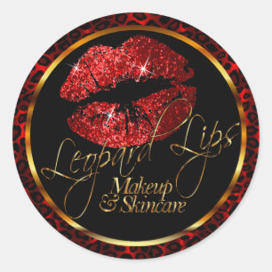 Custom - Red Glitter Lips on Leopard Print Classic Round Sticker
