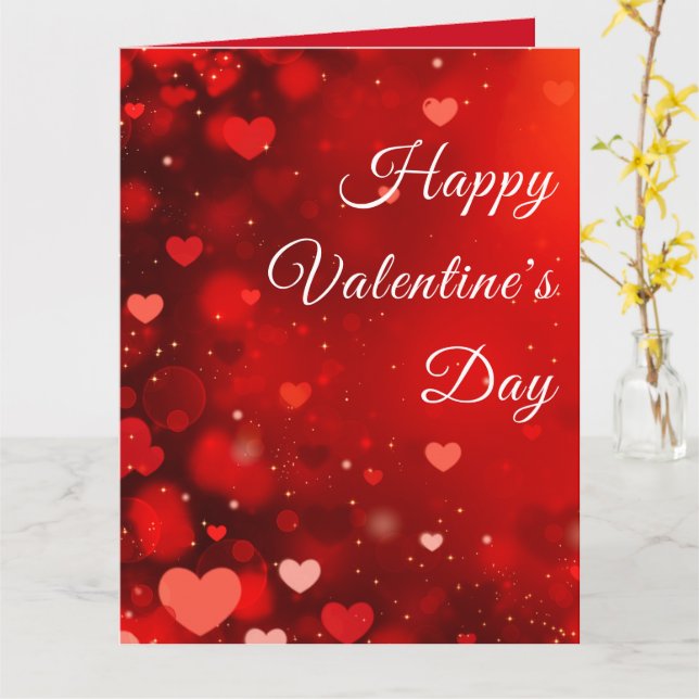 Custom Red Glittering Heart Glossy Valentine Card (Yellow Flower)