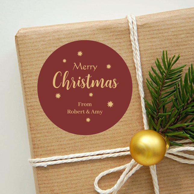 Custom Red & Gold Merry Christmas  Classic Round Sticker (Creator Uploaded)