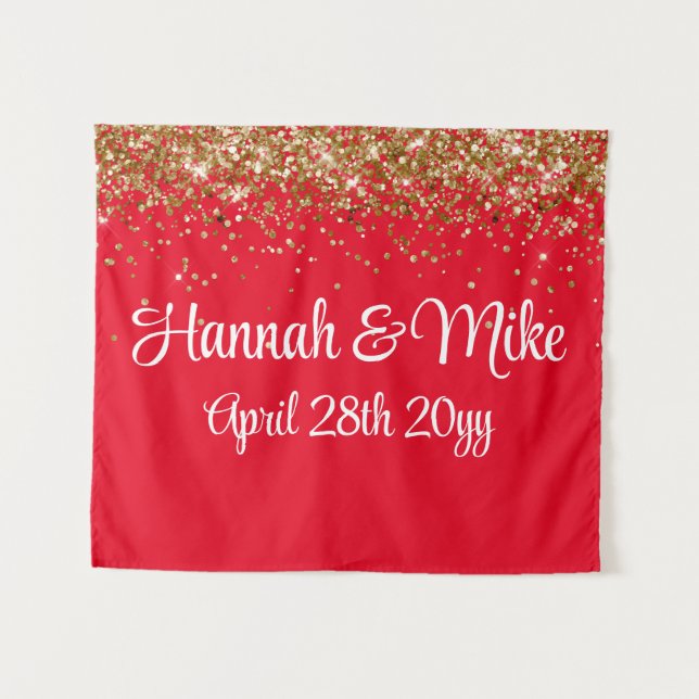 Custom Red Gold Wedding Backdrop Photo Booth Prop Tapestry (Front (Horizontal))