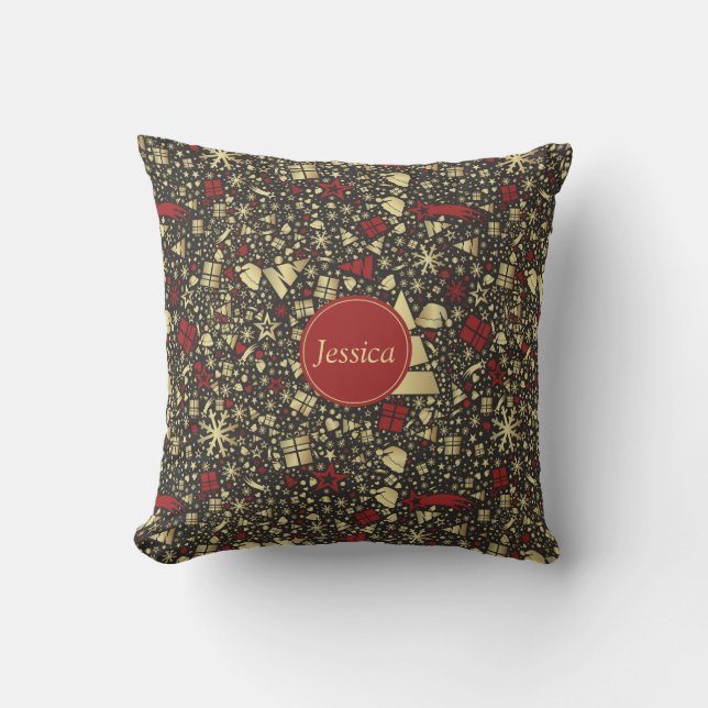 Custom Red Golden Christmas Tree Snowflakes Stars Throw Pillow (Front)