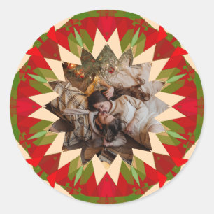 Custom Red Green Christmas Star Family Photo Gift Classic Round Sticker
