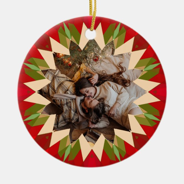 Custom Red Green Christmas Star Photo Gift Tree Ceramic Ornament (Front)