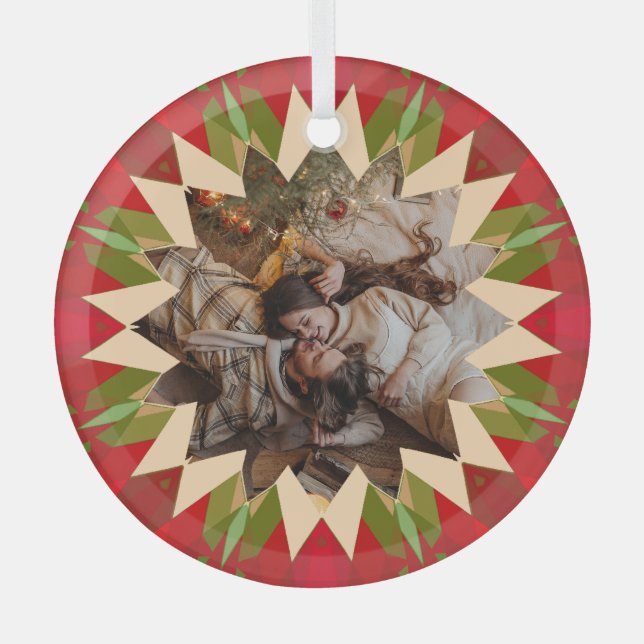 Custom Red Green Christmas Star Photo Gift Tree Glass Ornament (Front)