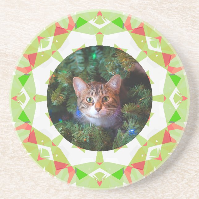 Custom Red Green Orange Merry Christmas Pet Photo Coaster (Front)