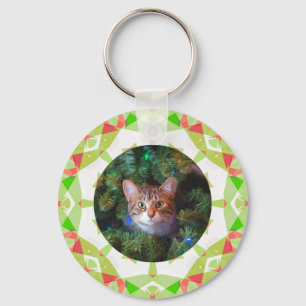 Custom Red Green Orange Merry Christmas Pet Photo Keychain