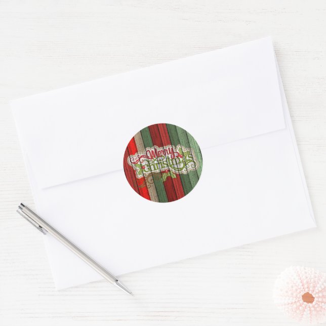 Custom Red Green Weathered Wooden Planks Pattern Classic Round Sticker (Envelope)