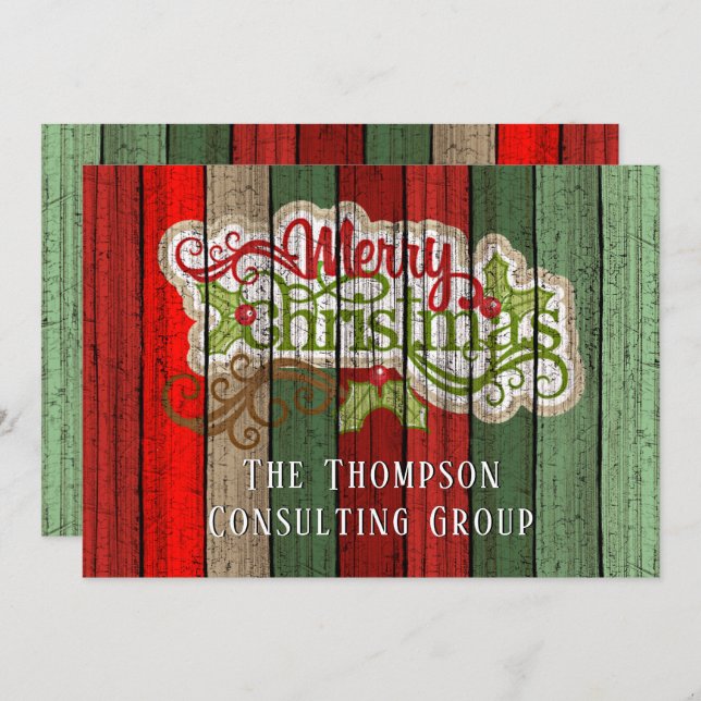 Custom Red Green Weathered Wooden Planks Pattern H Holiday Card (Front/Back)
