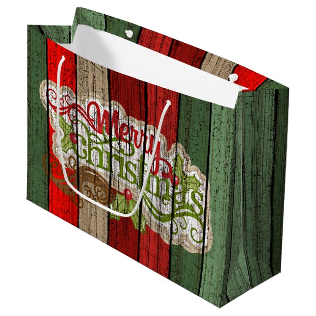 Custom Red Green Weathered Wooden Planks Pattern Large Gift Bag (Front Angled)