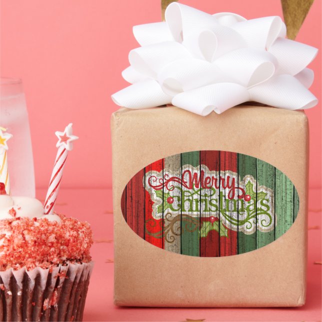 Custom Red Green Weathered Wooden Planks Pattern Oval Sticker (Party)