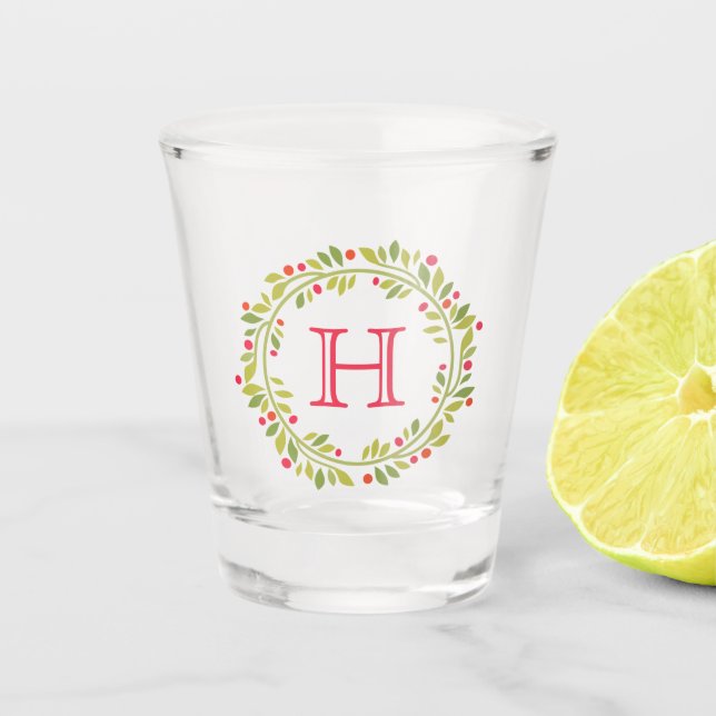 Custom Red Holly Berries Green Leaves Wreath Shot Glass (Front)