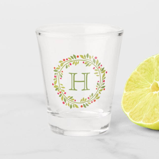 Custom Red Holly Berries Green Leaves Wreath Shot Glass (Front)