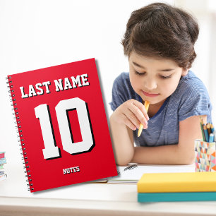 Custom Red Last Name Sports Jersey Number Notebook