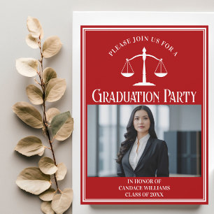 Custom Red Law School Graduation Photo Party Invitation