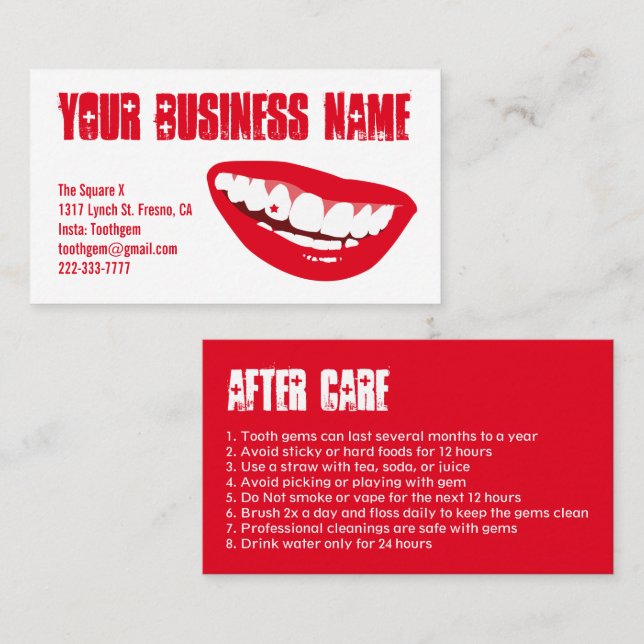 Custom Red Lips Tooth gem After Care Business Card (Front/Back)