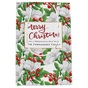 Custom Red Merry Christmas Winter Floral Medium Gift Bag