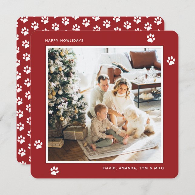 Custom Red Paw Photo Happy Howlidays Cards (Front/Back)