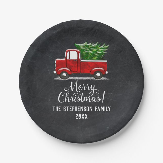 Custom Red Pickup Truck Tree Merry Christmas Paper Plate (Front)