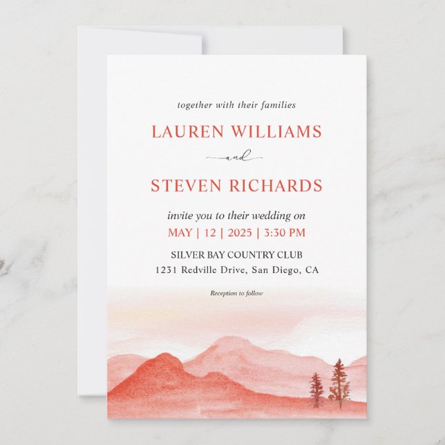 Custom Red Pink Peach Desert mountains Wedding Invitation (Front)