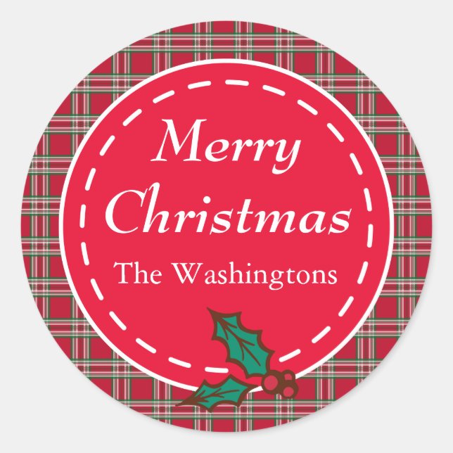 Custom Red Plaid Christmas Gift Tag Stickers (Front)