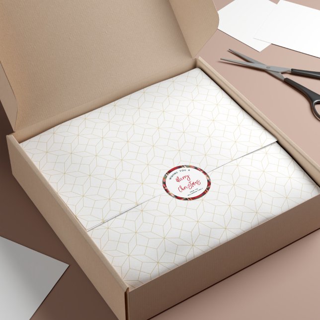 Custom Red Plaid Merry Christmas Script Classic Round Sticker (Rustic Plaid Script Christmas Holidays Family Favors Stickers)