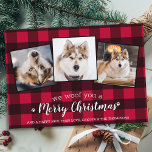 Custom Red Plaid Pet Photo Collage Dog Lover Holid Postcard<br><div class="desc">We Woof You A Merry Christmas! Send cute and fun holiday greetings with this super cute personalized custom pet photo holiday card. Merry Christmas wishes from the dog with cute paw prints in a fun modern photo collage design. Add your dog's photos or family photos with the dog, and personalize...</div>