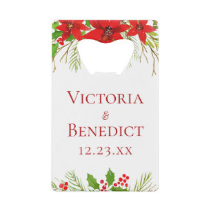 Custom Red Poinsettia Christmas Wedding Floral Credit Card Bottle Opener