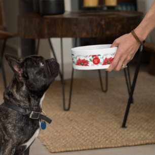 Custom Red Poinsettia Holly Berry Christmas Pet Bowl