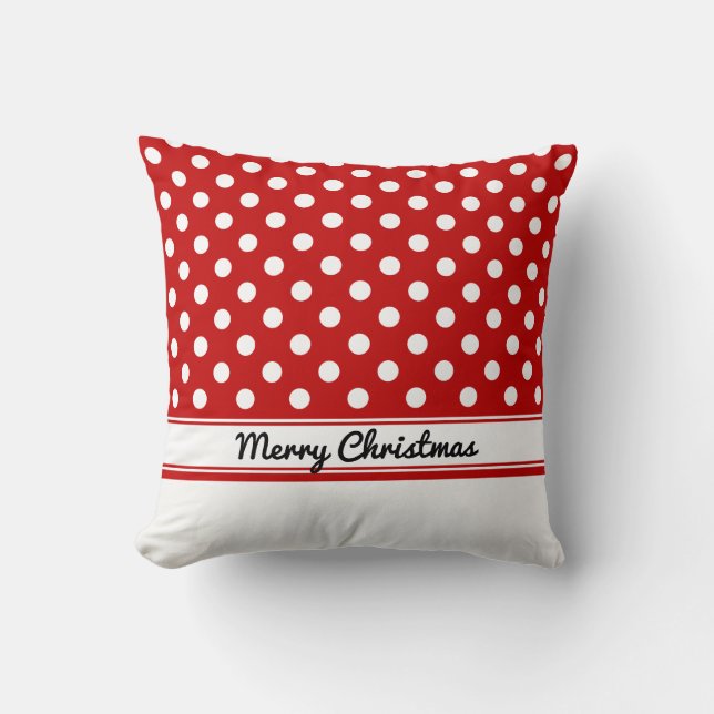 Custom Red Polka Dots White Base Merry Christmas Throw Pillow (Front)