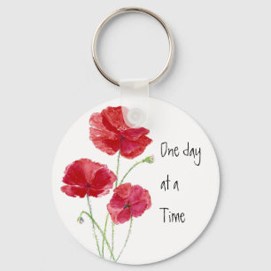 Custom Red Poppies One day at a Time Quote Keychain