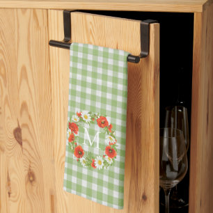 Custom Red Poppies White Yellow Daisies Wreath Kitchen Towel