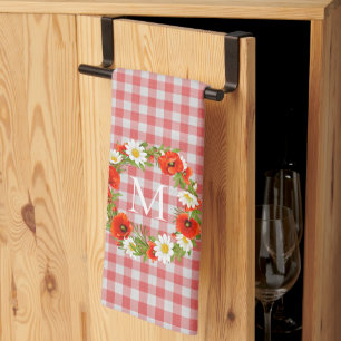 Custom Red Poppies White Yellow Daisies Wreath Kitchen Towel