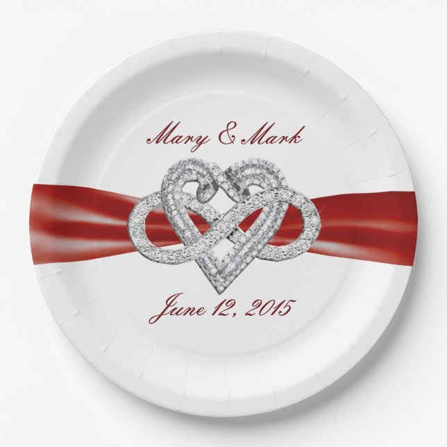 Custom Red Ribbon Infinity Heart 9” Paper Plate (Front)