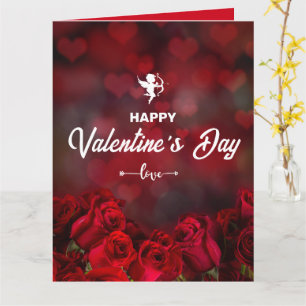 Custom Red Roses Cupid Romantic Trendy Valentine Card