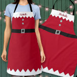 Custom Red & Silver Glitter Workshop Elf Christmas Apron<br><div class="desc">this red mrs. clause / elf holiday apron is straight out of santas workshop. it features a white printed fringe trim on both the top and bottom, a printed black belt, with a metallic faux foil silver / platinum buckle, which sits below two matching silver glitter printed buttons. Easily use...</div>