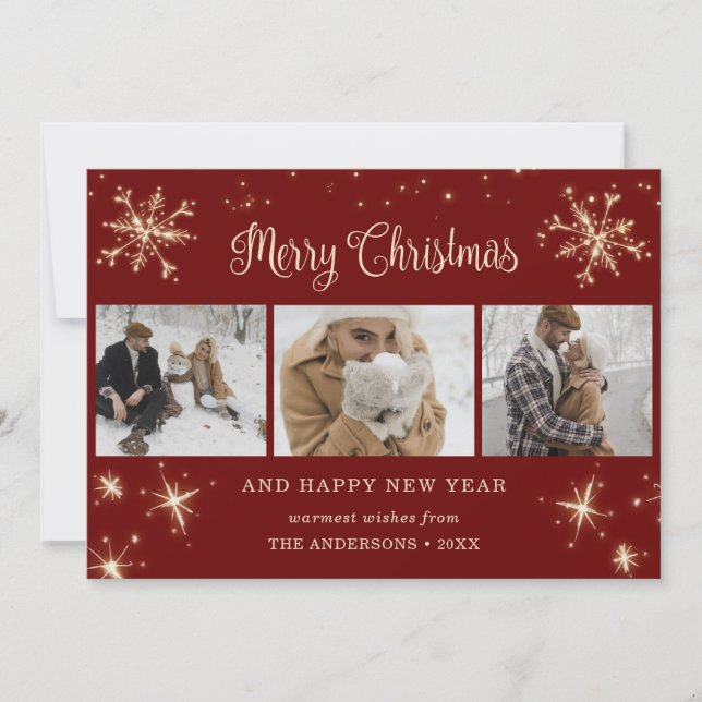 Custom Red Sparkly Snowflake Photo Collage Holiday Card (Front)