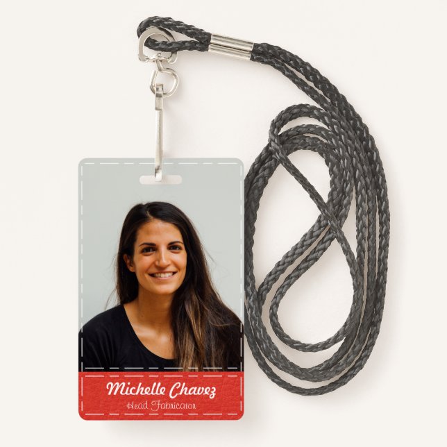 Custom Red Stitched Leather Photo Emoployee Badge (Front with Lanyard)