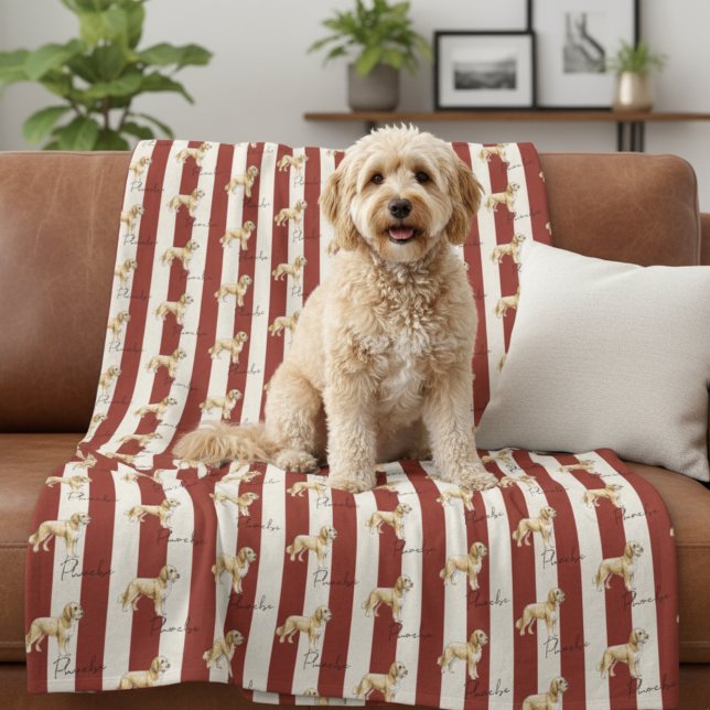 Custom Red Stripe Golden Doodle Pet Name Fleece Blanket (Get cozy with this "Custom Red Stripe Golden Doodle Pet Name Fleece Blanket"!)