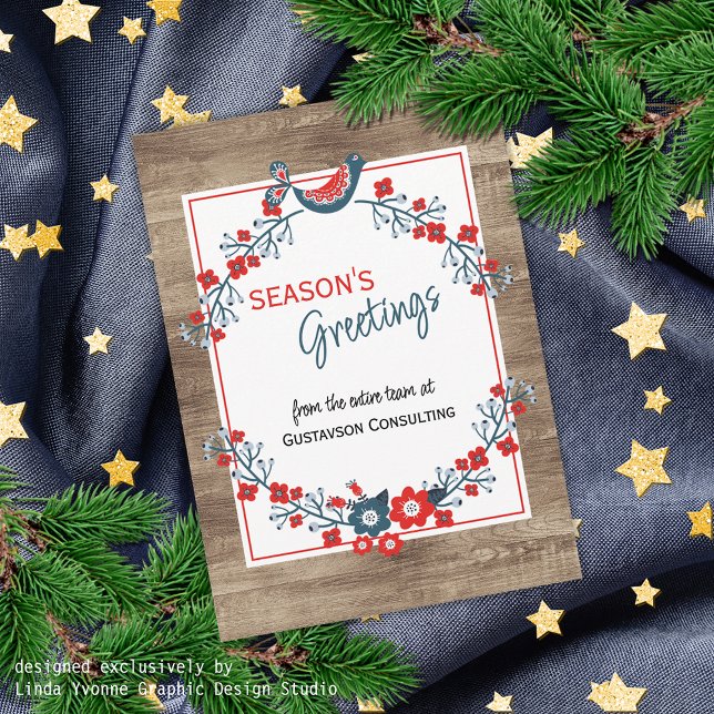 Custom Red Teal Blue Bird & Floral Folk Art Wreath Holiday Card (Creator Uploaded)