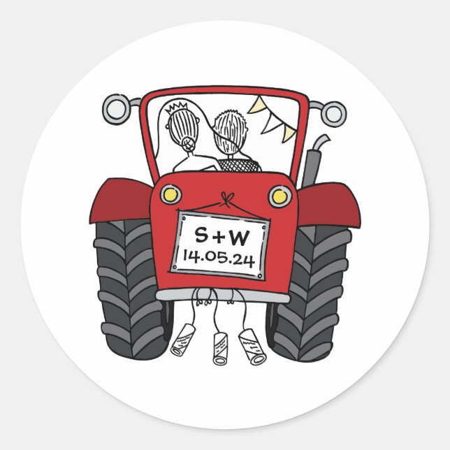 Custom Red Tractor Country Barn Rustic Wedding Classic Round Sticker (Front)
