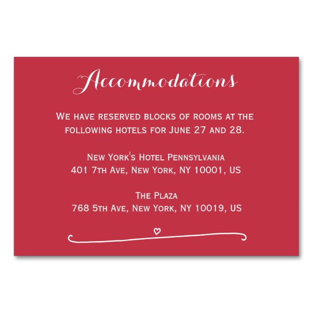 Custom Red Wedding Accommodation Cards Heart (Front)