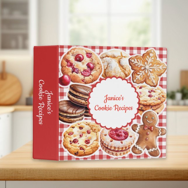 Custom Red White Chequered Cookie Recipe   Binder (Red and white checkered cookie recipe binder personalized with your name.)