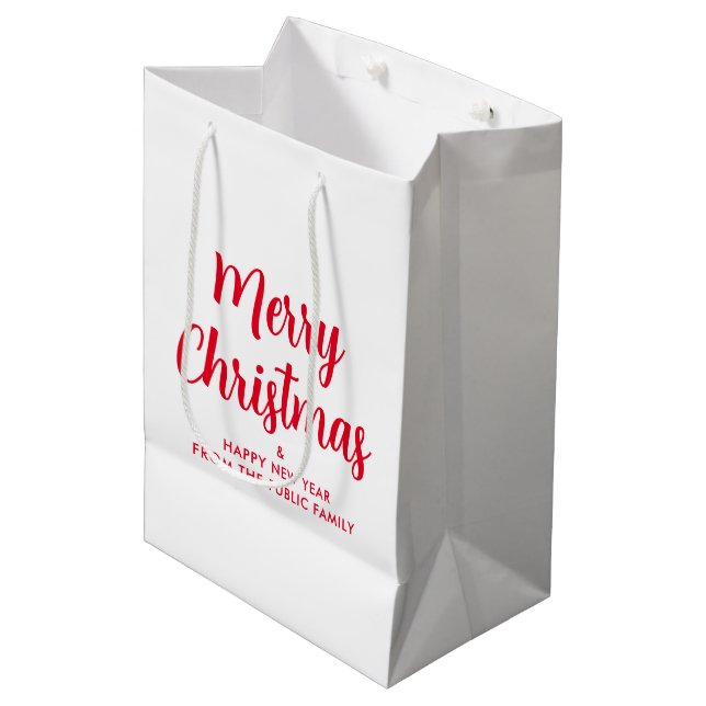 Custom Red White Merry Christmas Happy New Year Medium Gift Bag (Front Angled)