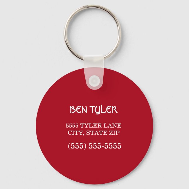 Custom Red White Name Address Phone Keychain (Front)