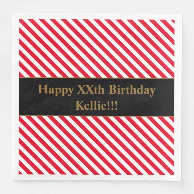 Custom Red/White Stripes Birthday Party Napkin (Front)