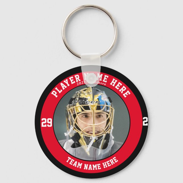 Custom Red Youth Ice Hockey Teams Button Keychain (Front)