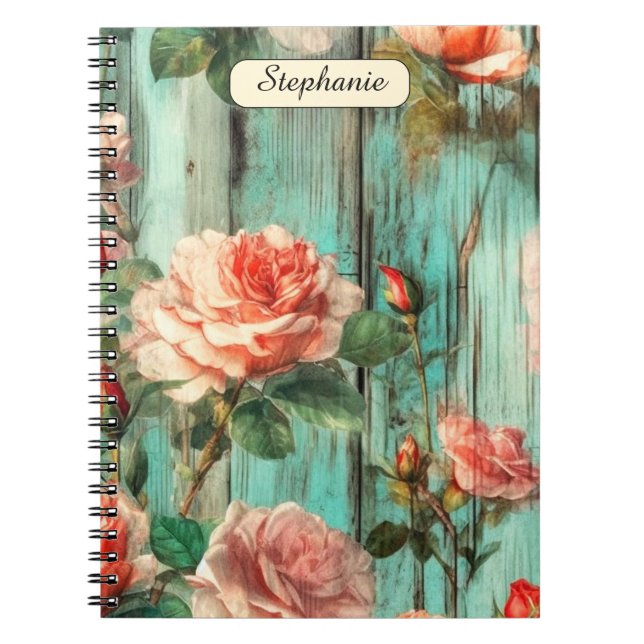 Custom Reflective Shabby Chic Turquoise Rose Notebook (Front)