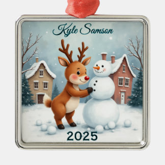 Custom Reindeer And Snowman  Metal Ornament